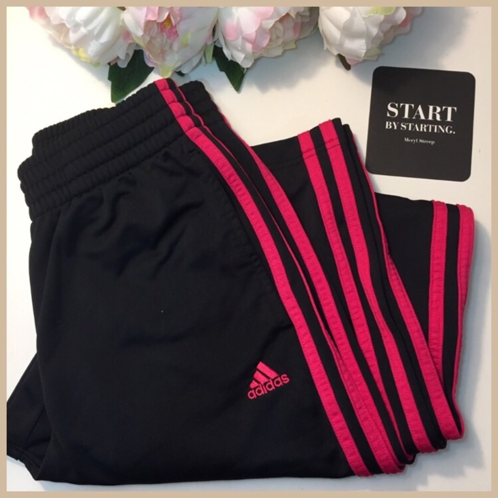ADIDAS Black Track Pants, Pink Stripes, Size S